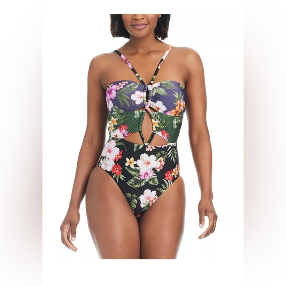 New Bar III Women's Floral-Banded Keyhole One-Piece Swimsuit Large